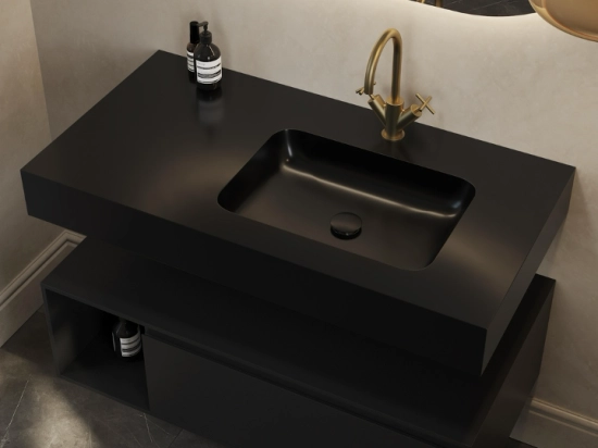 Plan vasque avec lavabo intégré au angle arrondi, L. 60 à 200 cm x l. 40 à 60 cm, résine minérale ACRYSTONE® de couleurs, Finition lisse, Livraison Offerte et Rapide.